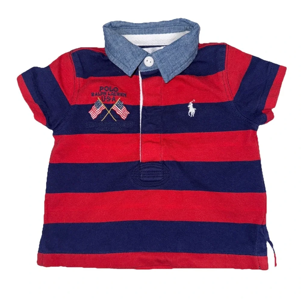 Ralph Lauren Baby Boys Red & Blue Striped Polo, Denim Collar, Flag‎ Theme, 6m